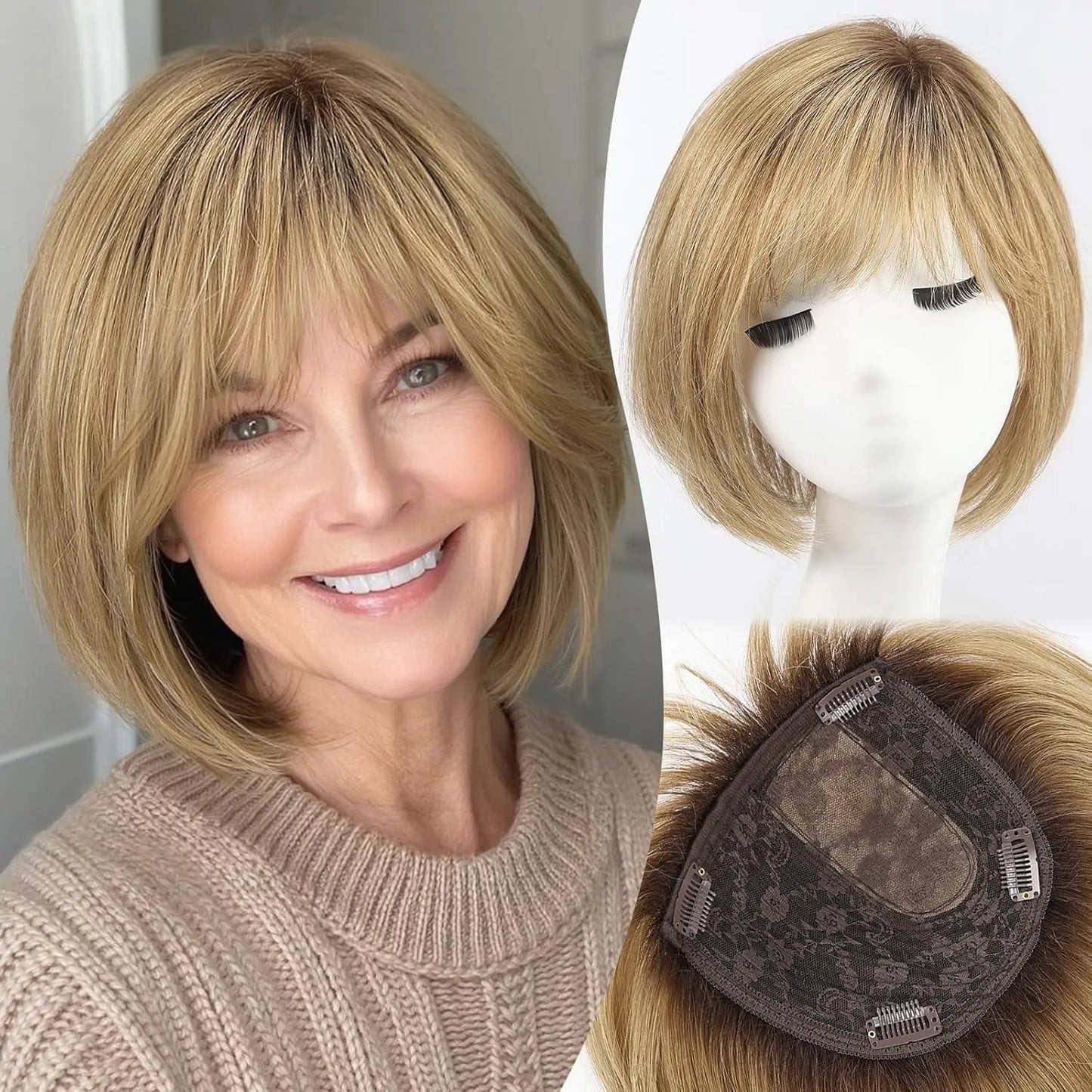 10” Short Bob Human Hair Topper with Bangs – Mixed Blonde Brown Side Part Silk Base Clip-In