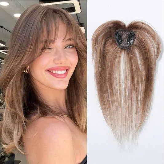 Remy Human Hair Topper with Bangs – Clip-In Silk Base Hairpiece for Thinning Hair | Silkara™