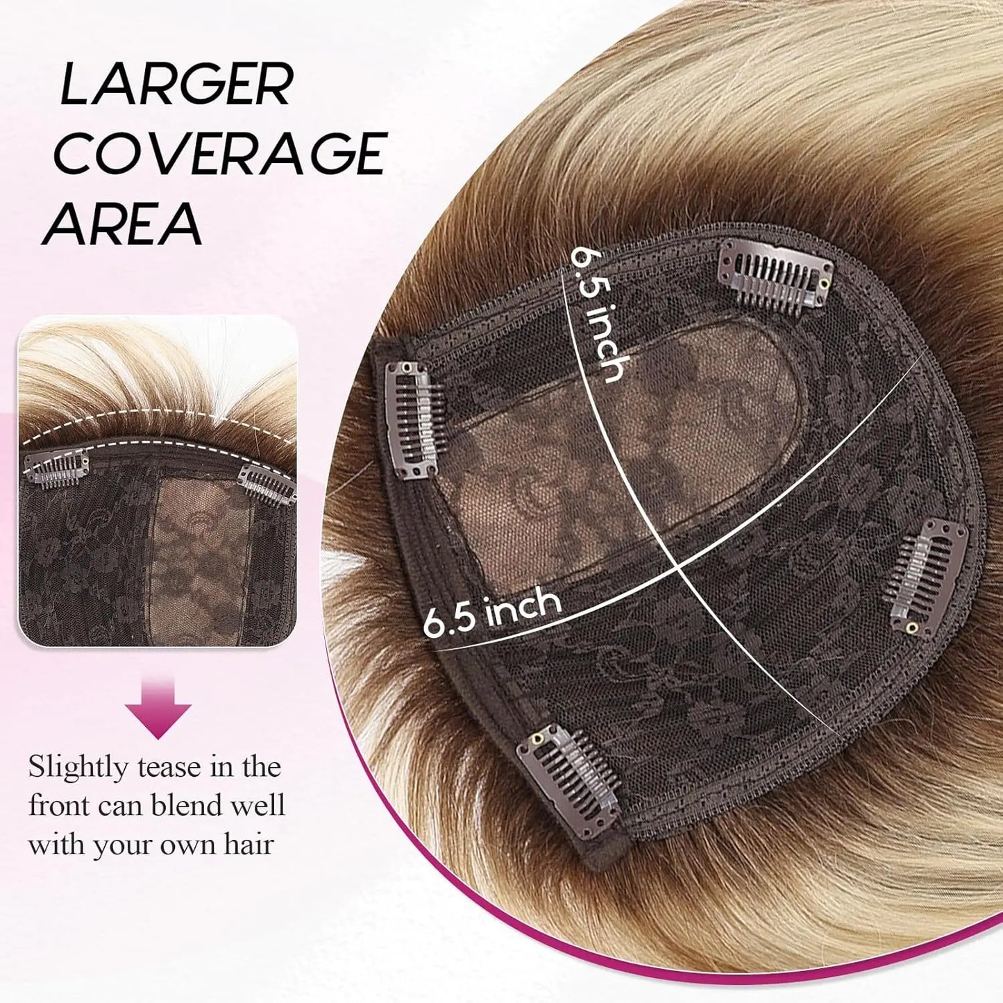 10” Short Bob Human Hair Topper with Bangs – Mixed Blonde Brown Side Part Silk Base Clip-In