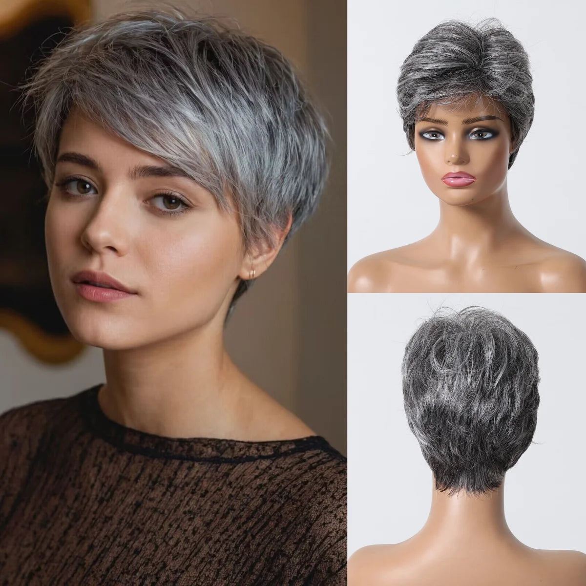 Short Pixie Cut Grey Human Hair Wig – 8” Layered Blend Wig with Bangs for Women
