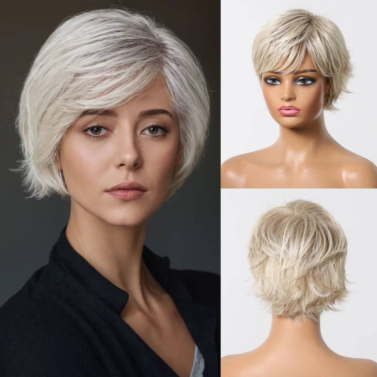 Short Pixie Cut Grey Human Hair Wig – 8” Layered Blend Wig with Bangs for Women