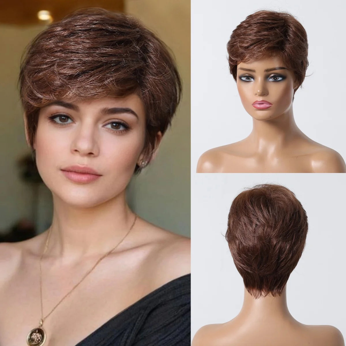 Short Pixie Cut Grey Human Hair Wig – 8” Layered Blend Wig with Bangs for Women