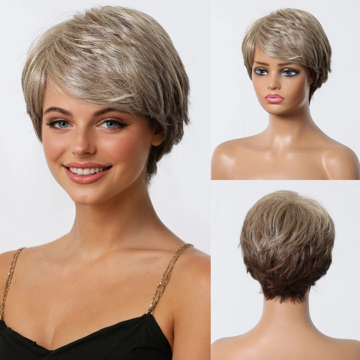 Short Pixie Cut Grey Human Hair Wig – 8” Layered Blend Wig with Bangs for Women