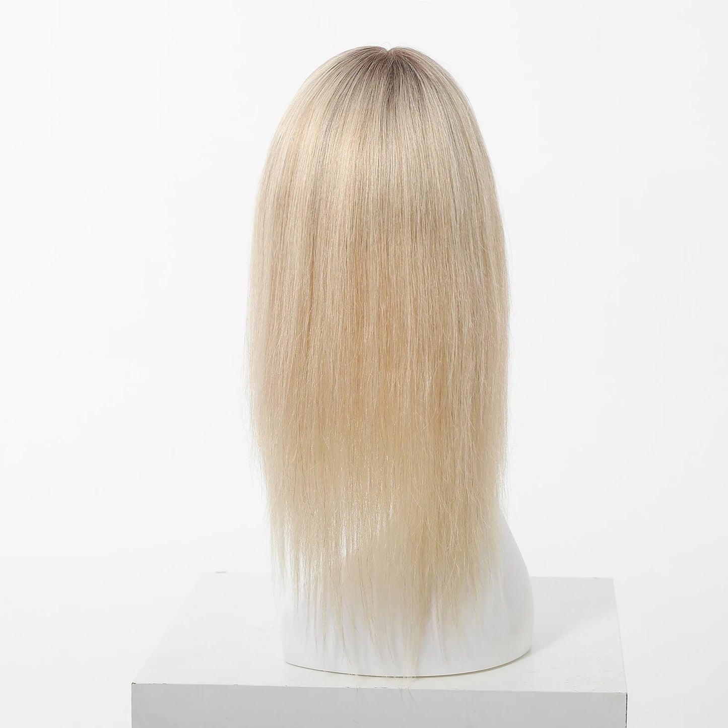 Ombre Light Blonde Human Hair Topper with Bangs – 16” Clip-In Straight Lace Base Topper