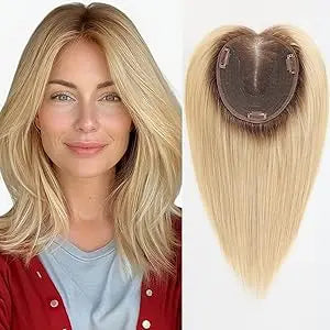 14” Blonde Mixed Brown Human Hair Topper – Swiss Silk Base, No Bangs, 60g Clip-In