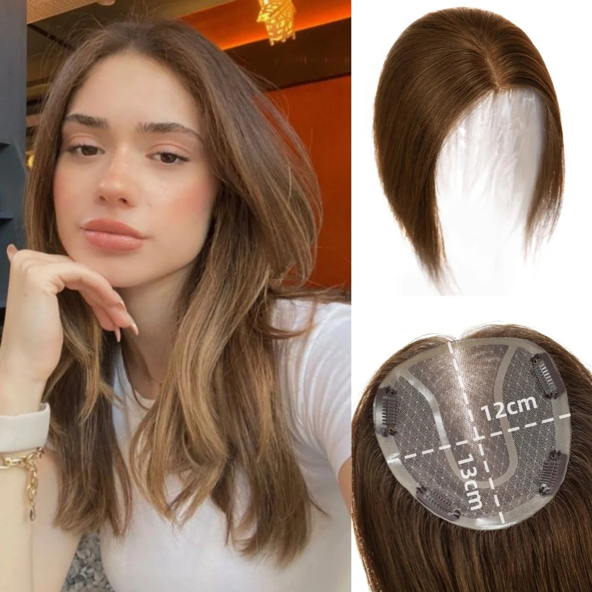 14” Brown Human Hair Topper – Straight Mono Lace Base Clip-In Hairpiece for Women
