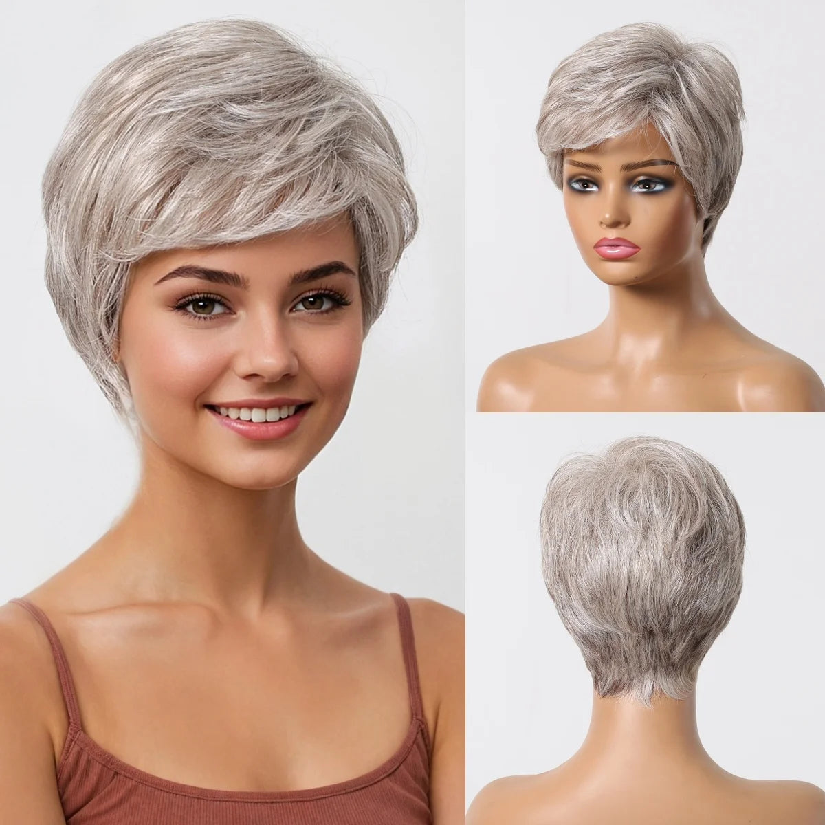 Short Pixie Cut Grey Human Hair Wig – 8” Layered Blend Wig with Bangs for Women