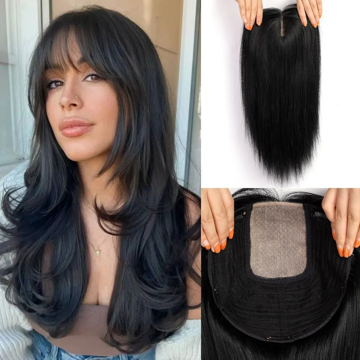 Ombre Light Blonde Human Hair Topper with Bangs – 16” Clip-In Straight Lace Base Topper