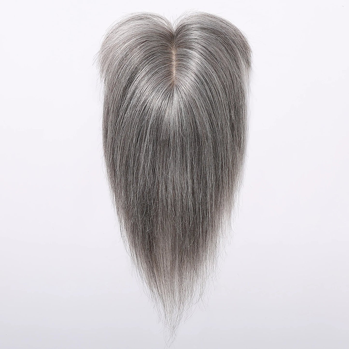 Light Grey Human Hair Topper with Thick Bangs – 360° Clip-In Silk Base Topper for Women