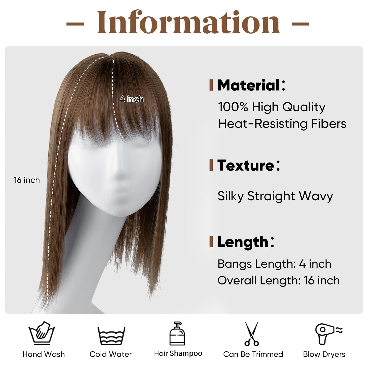 Natural-Look Synthetic Hair Topper with Bangs – Medium-Length Clip-In Wig for Women (Straight, 120% Density)
