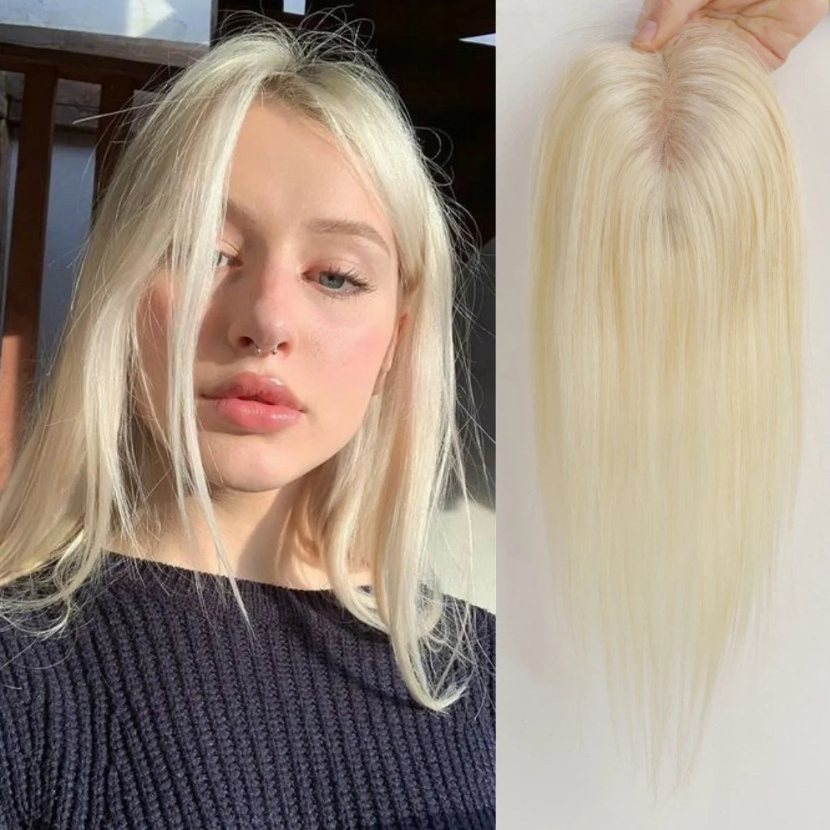 Brown Mixed Blonde Human Hair Topper – 12” Straight Lace Base Clip-In Hairpiece