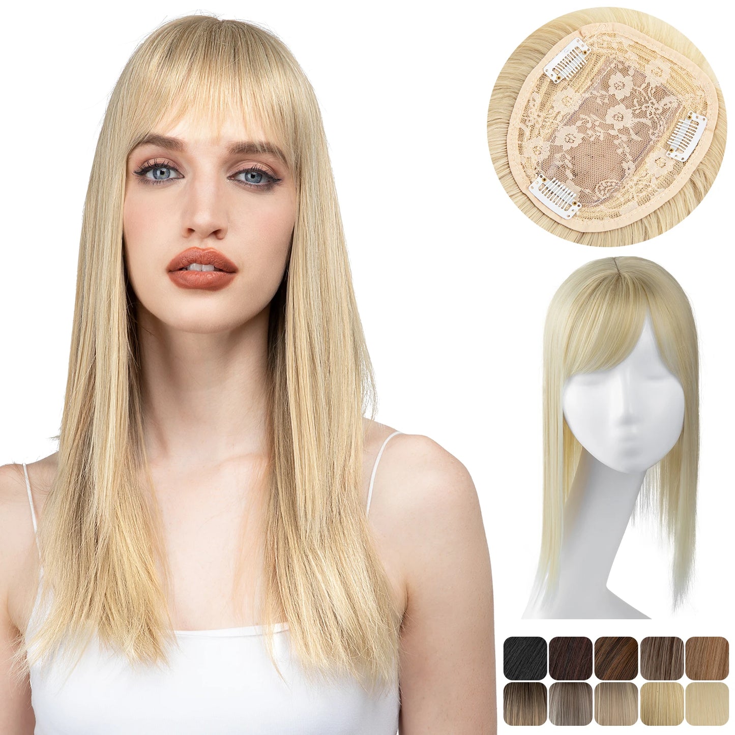 Natural-Look Synthetic Hair Topper with Bangs – Medium-Length Clip-In Wig for Women (Straight, 120% Density)