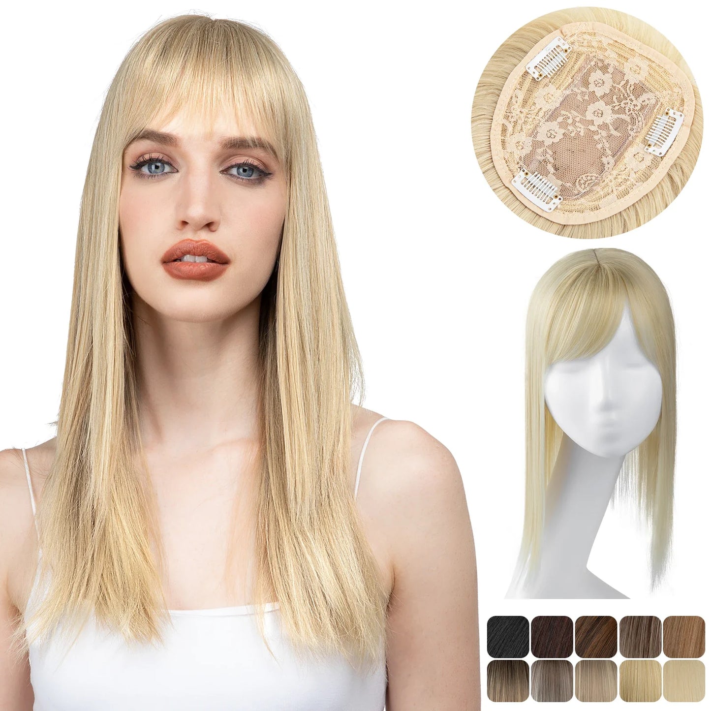 Natural-Look Hair Topper with Bangs – Medium-Length Clip-In Wig for Women (Straight, 120% Density)