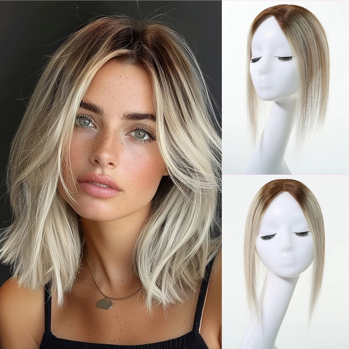Brown Mixed Blonde Human Hair Topper – 12” Straight Lace Base Clip-In Hairpiece