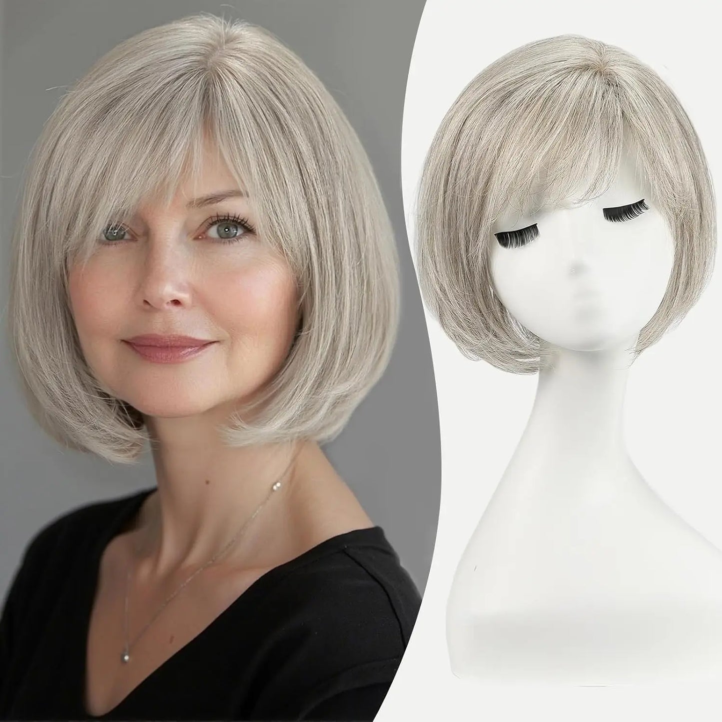 10” Short Bob Human Hair Topper with Bangs – Mixed Blonde Brown Side Part Silk Base Clip-In