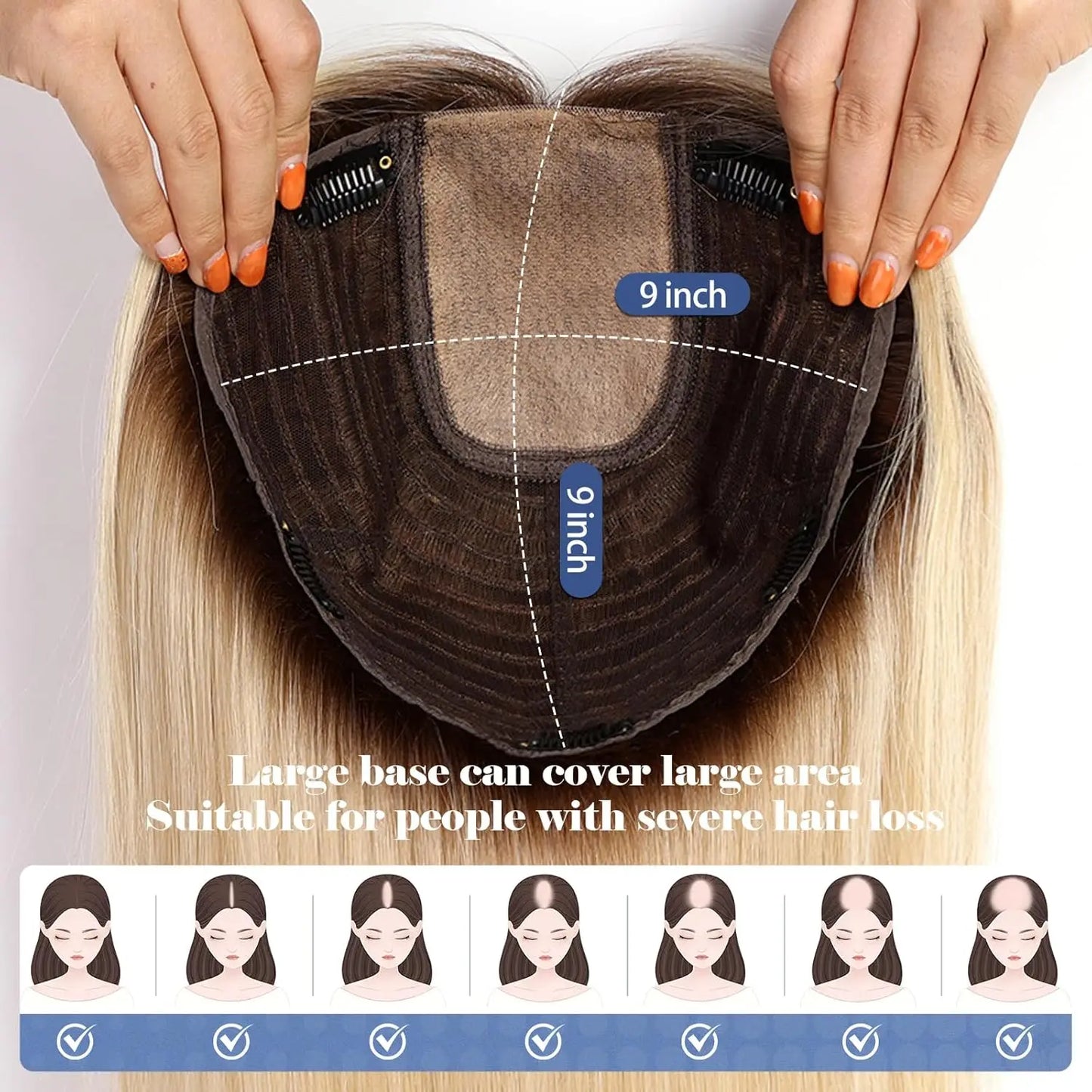 Ombre Light Blonde Human Hair Topper with Bangs – 16” Clip-In Straight Lace Base Topper