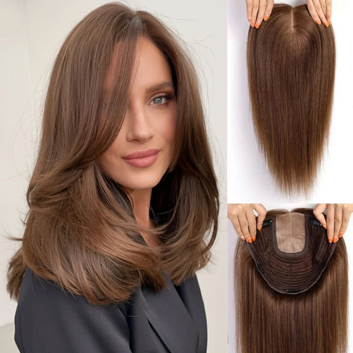Ombre Light Blonde Human Hair Topper with Bangs – 16” Clip-In Straight Lace Base Topper