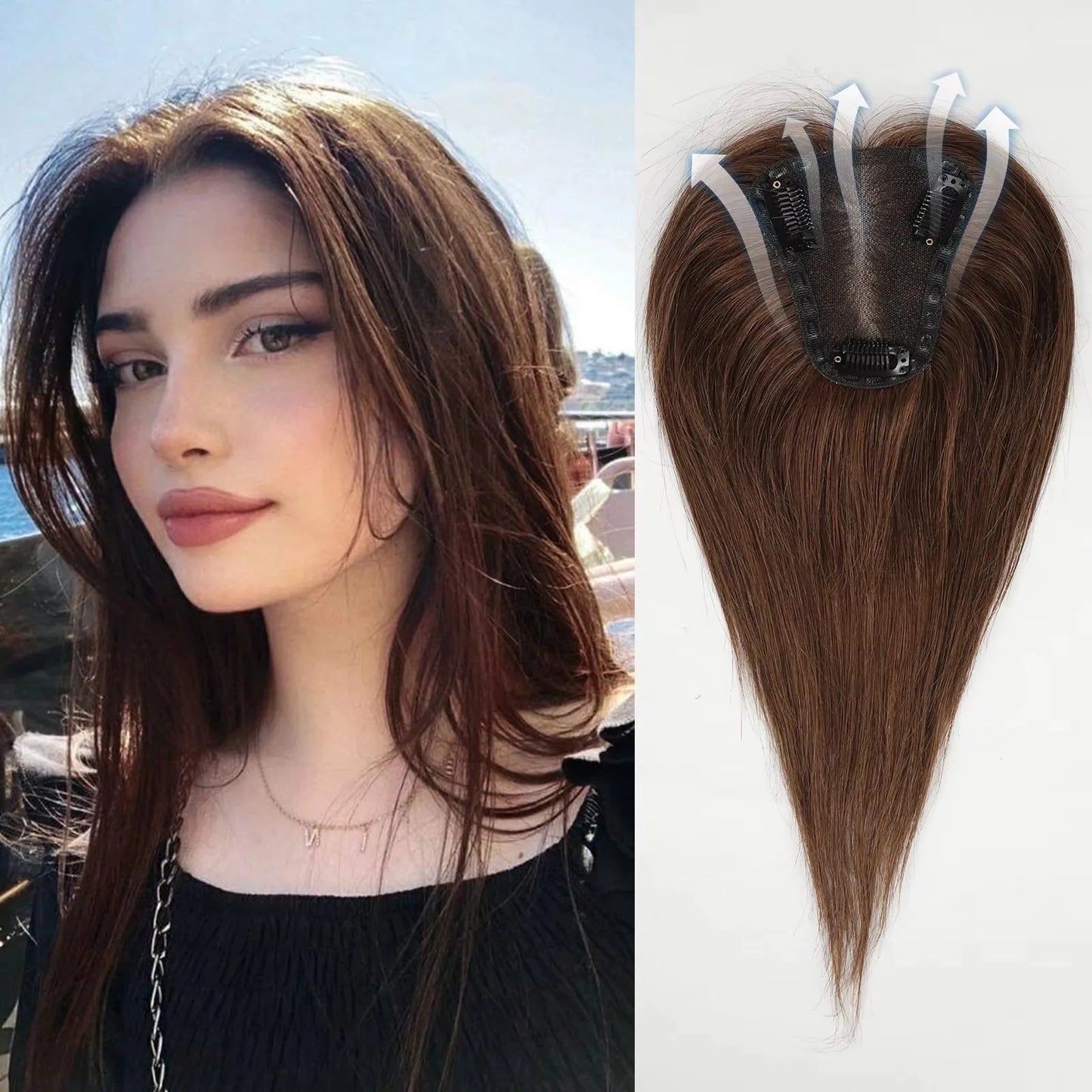 Brown Mixed Blonde Human Hair Topper – 12” Straight Lace Base Clip-In Hairpiece