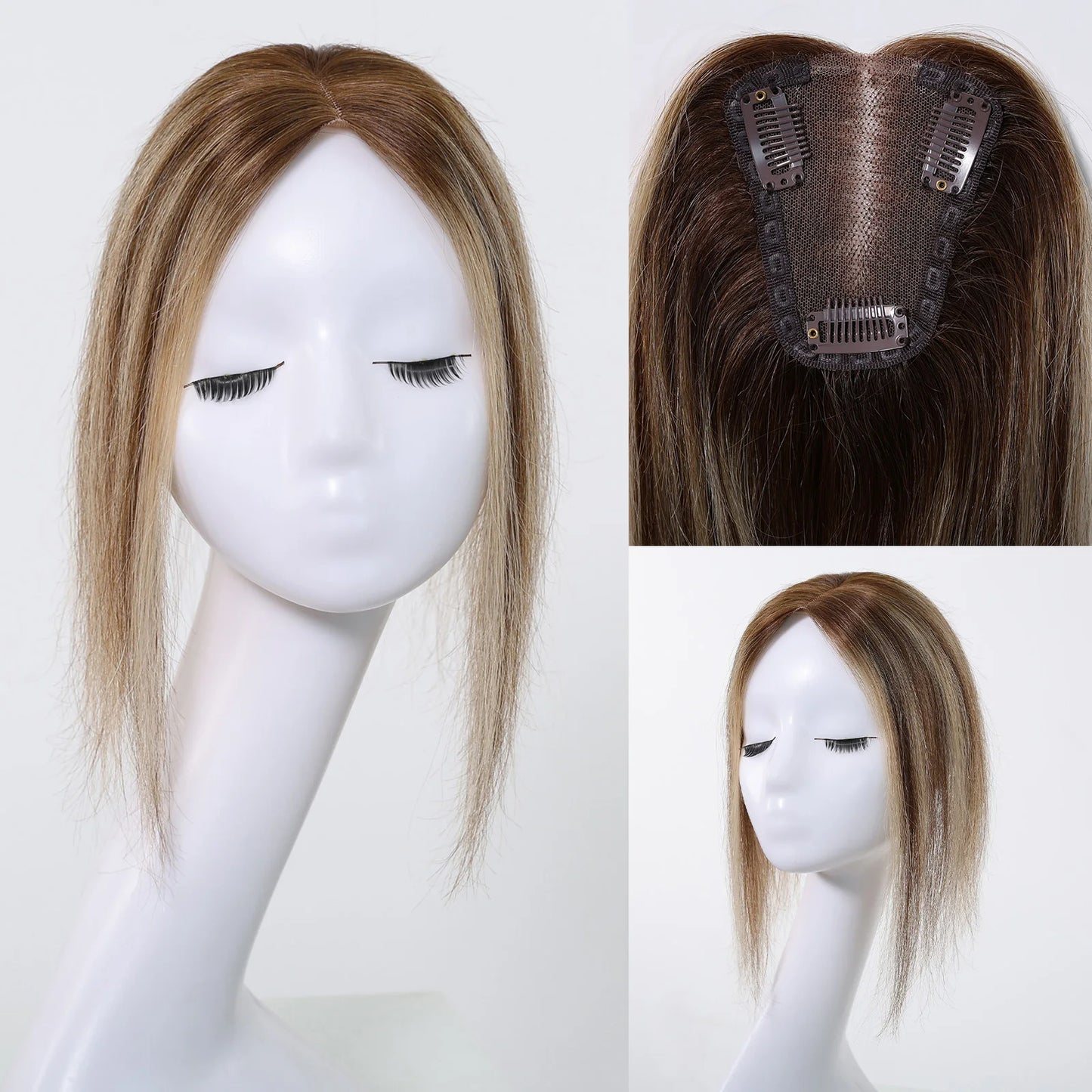 Brown Mixed Blonde Human Hair Topper – 12” Straight Lace Base Clip-In Hairpiece