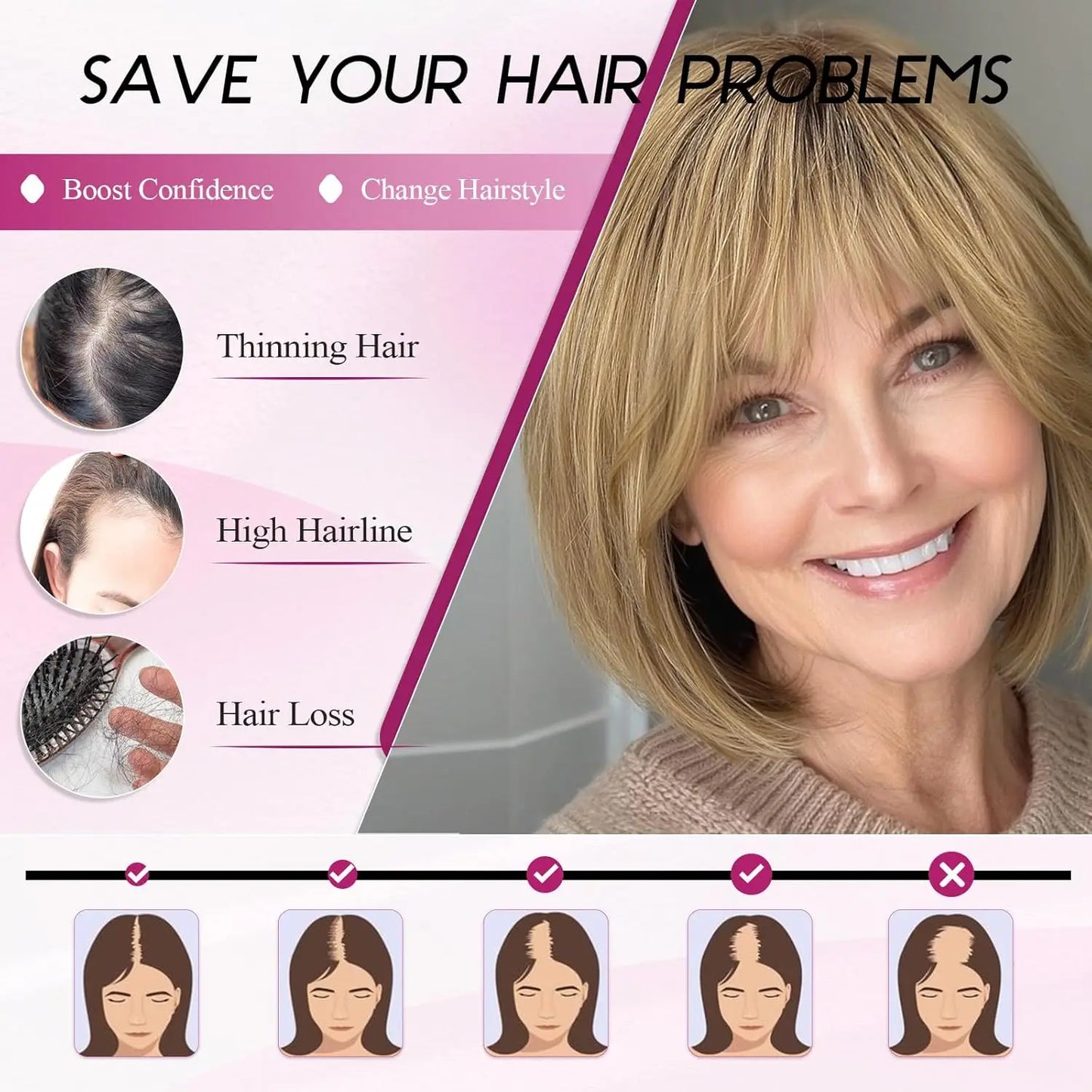 10” Short Bob Human Hair Topper with Bangs – Mixed Blonde Brown Side Part Silk Base Clip-In