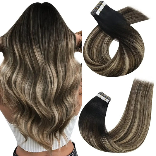 Premium Remy human hair tape-in extensions shown on model with wavy hair, showcasing natural blend and color.