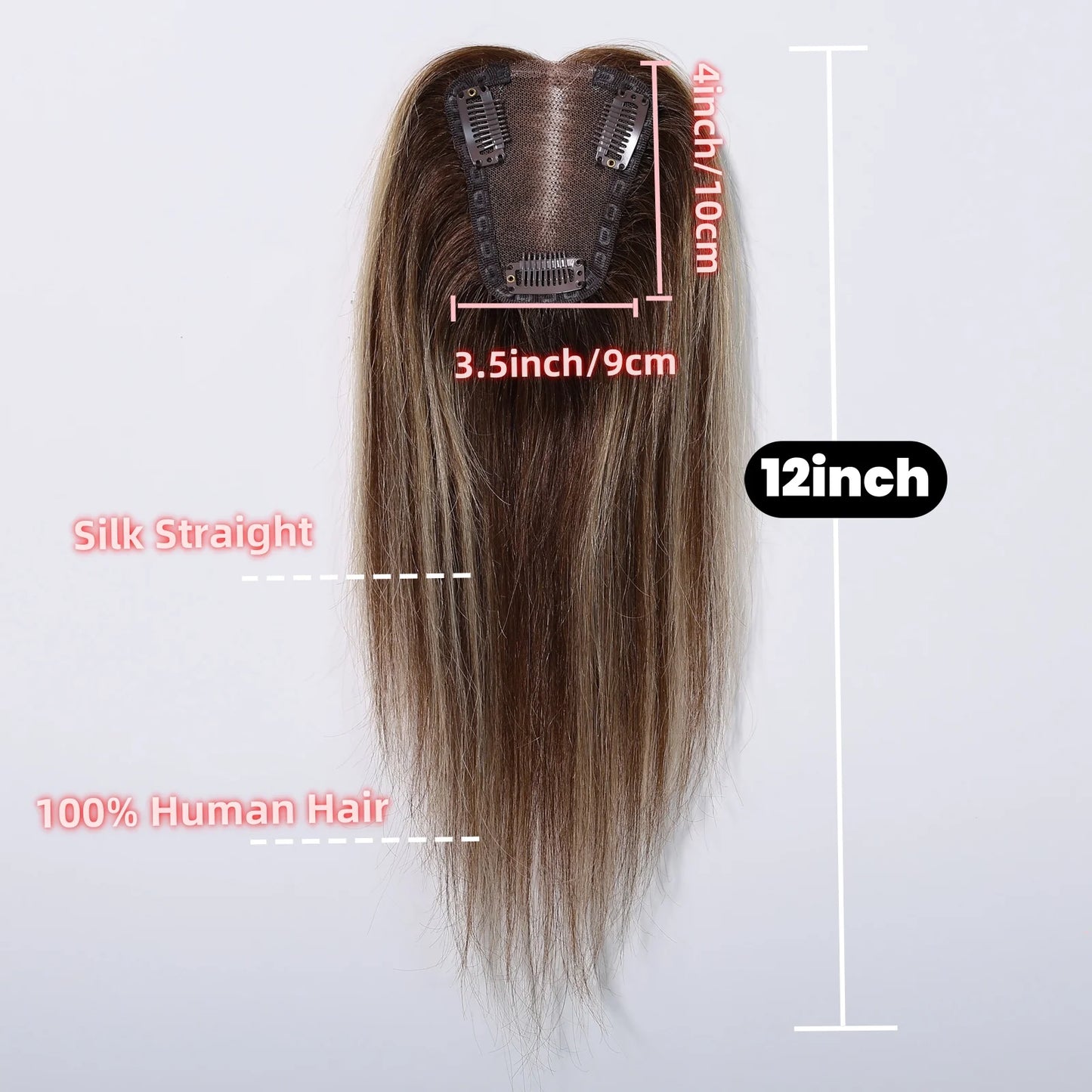 Brown Mixed Blonde Human Hair Topper – 12” Straight Lace Base Clip-In Hairpiece