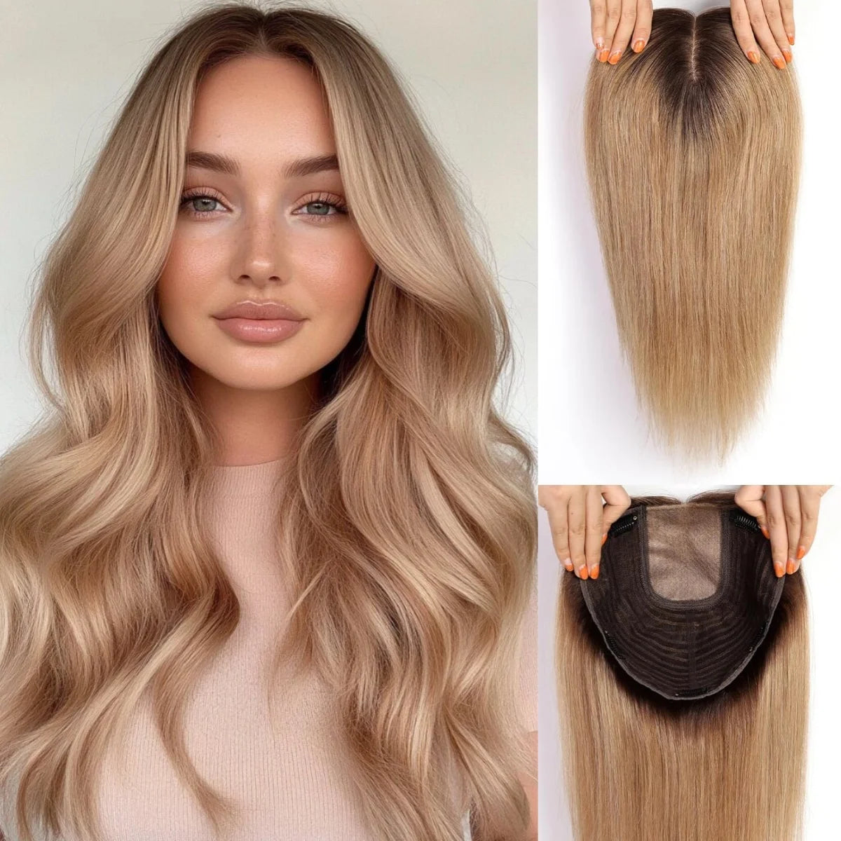 Ombre Light Blonde Human Hair Topper with Bangs – 16” Clip-In Straight Lace Base Topper