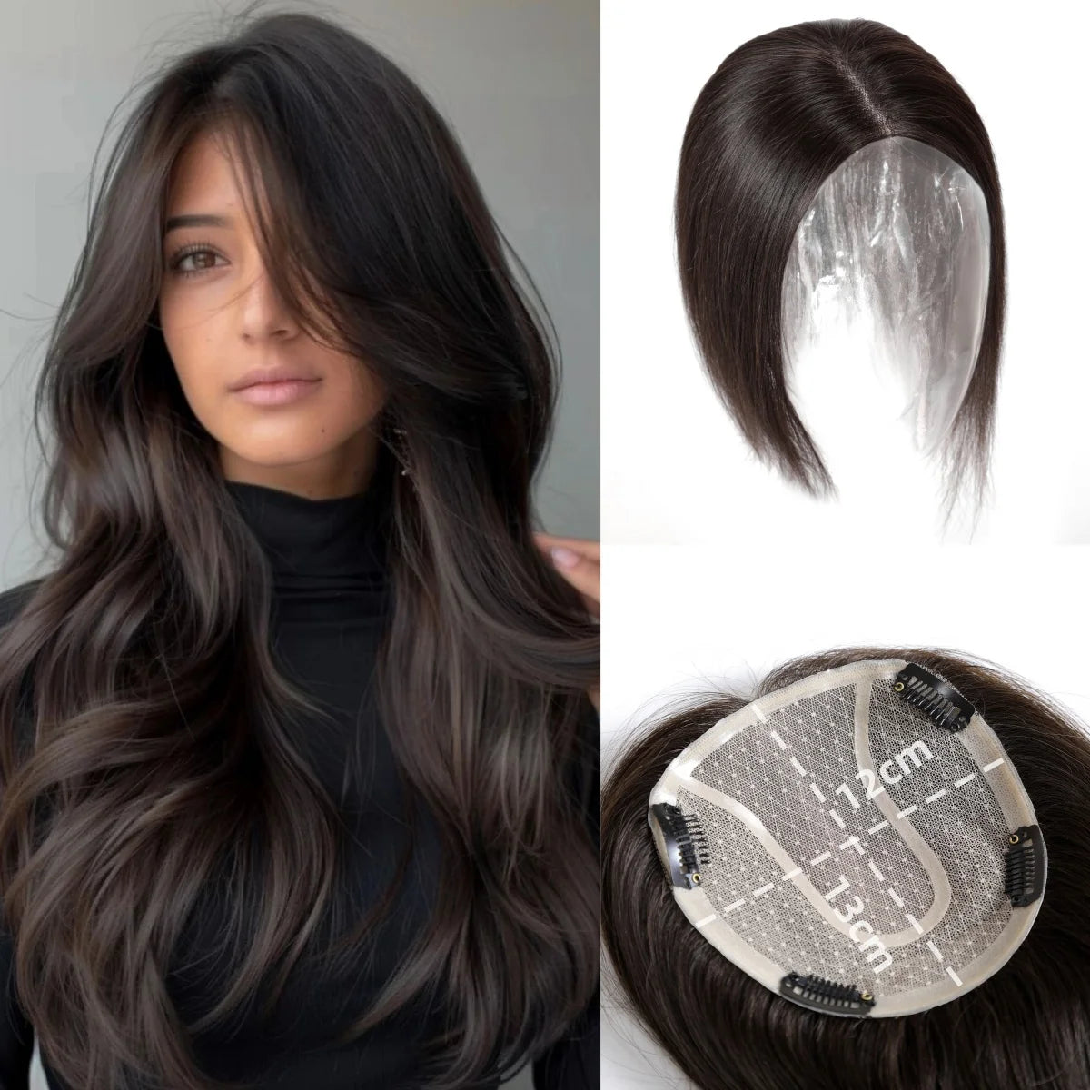 14” Brown Human Hair Topper – Straight Mono Lace Base Clip-In Hairpiece for Women