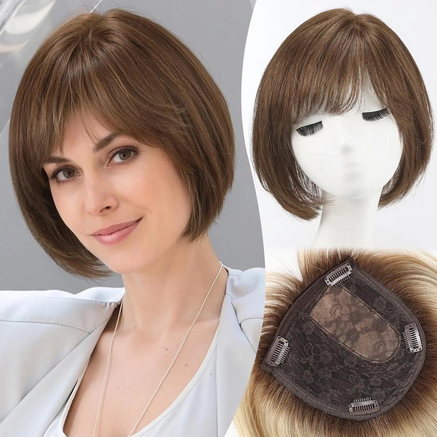 10” Short Bob Human Hair Topper with Bangs – Mixed Blonde Brown Side Part Silk Base Clip-In