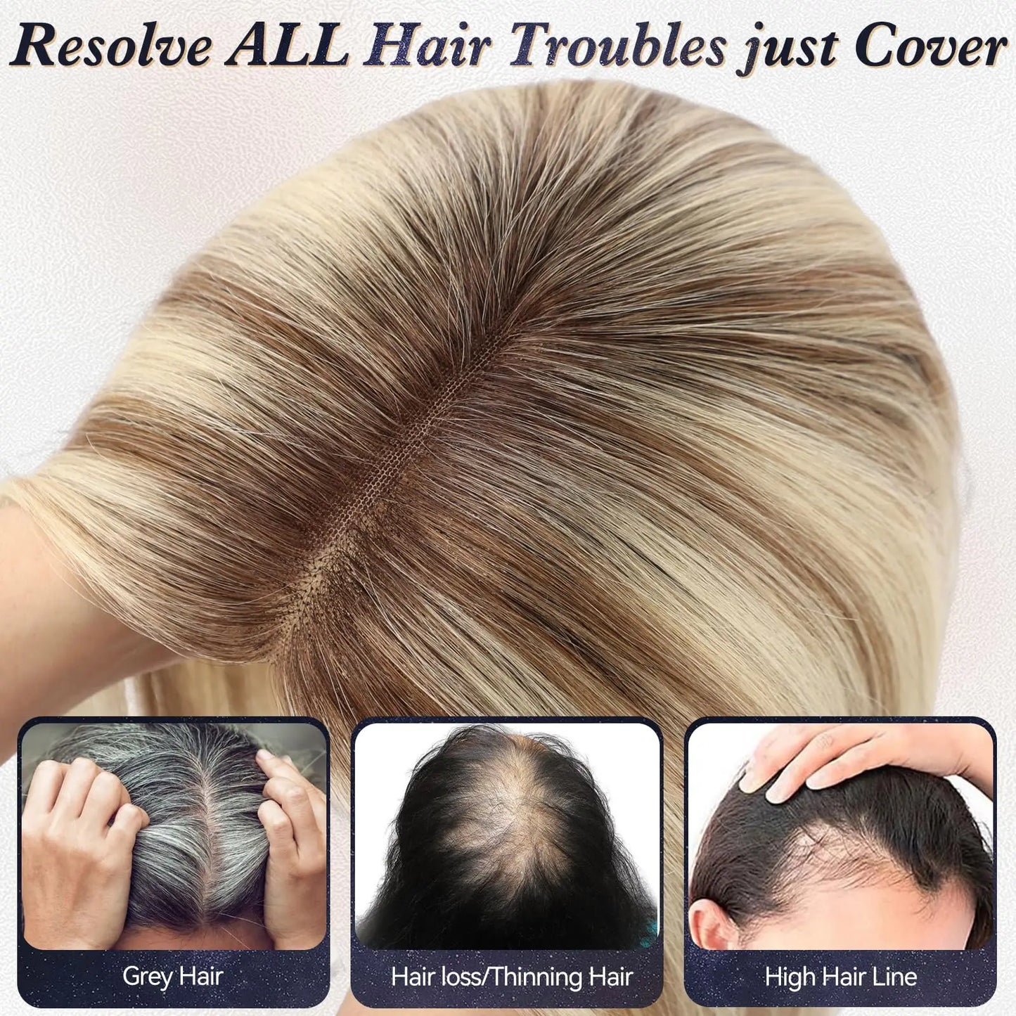 14” Blonde Mixed Brown Human Hair Topper – Swiss Silk Base, No Bangs, 60g Clip-In