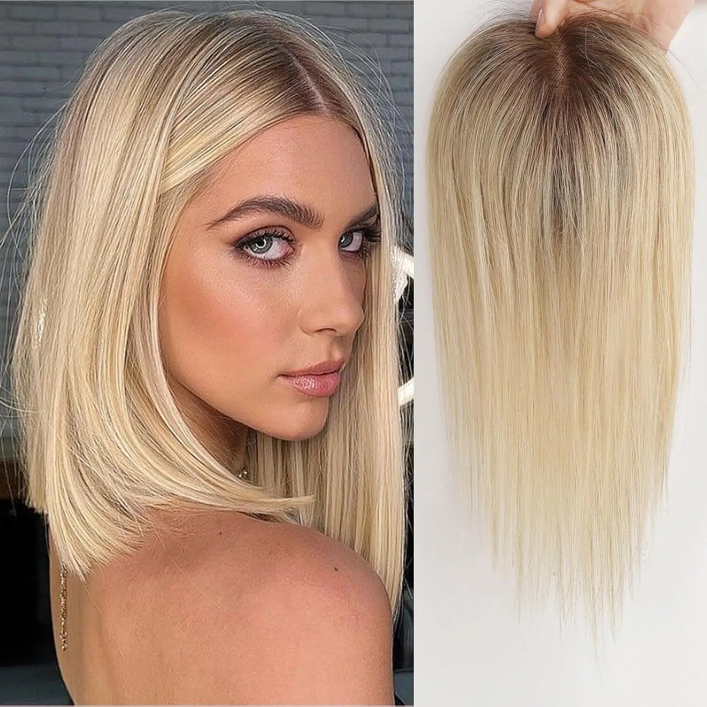 Brown Mixed Blonde Human Hair Topper – 12” Straight Lace Base Clip-In Hairpiece