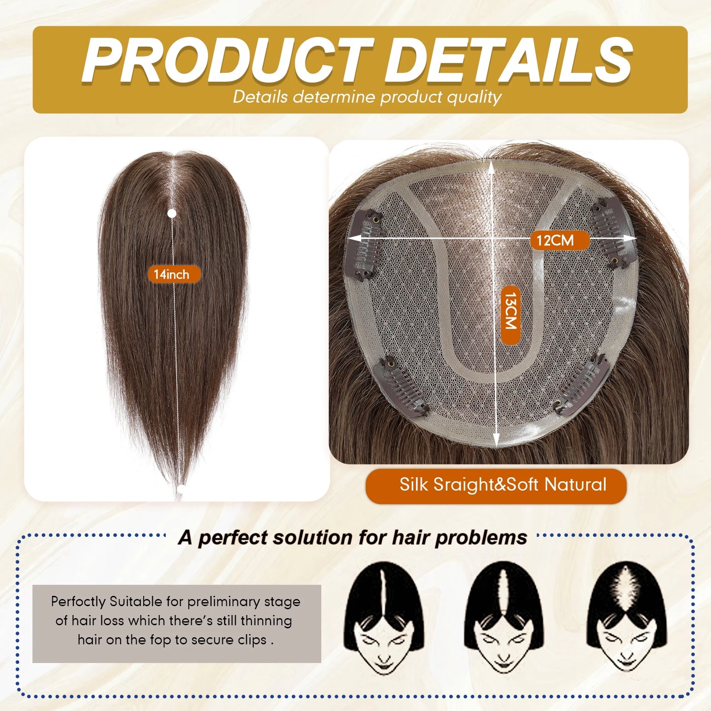 14” Brown Human Hair Topper – Straight Mono Lace Base Clip-In Hairpiece for Women