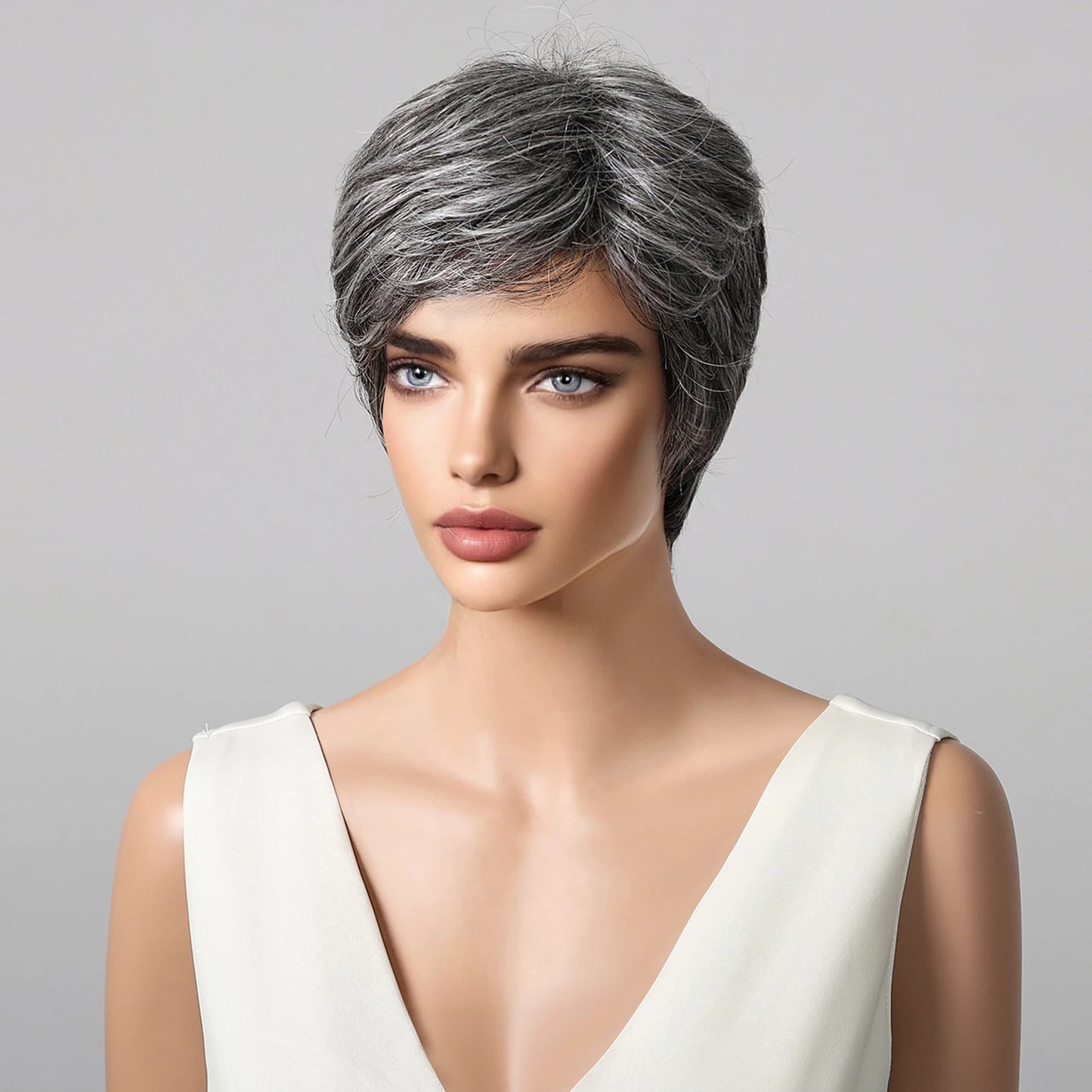 Short Pixie Cut Grey Human Hair Wig – 8” Layered Blend Wig with Bangs for Women