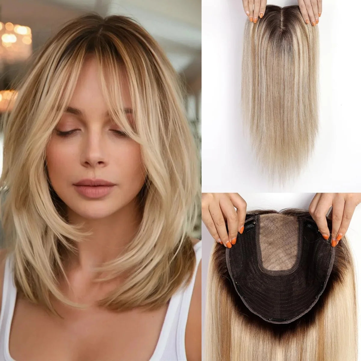 Ombre Light Blonde Human Hair Topper with Bangs – 16” Clip-In Straight Lace Base Topper