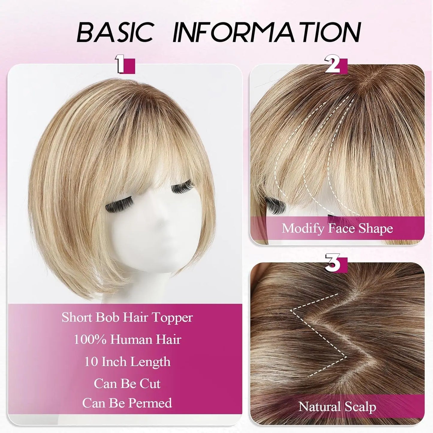 10” Short Bob Human Hair Topper with Bangs – Mixed Blonde Brown Side Part Silk Base Clip-In