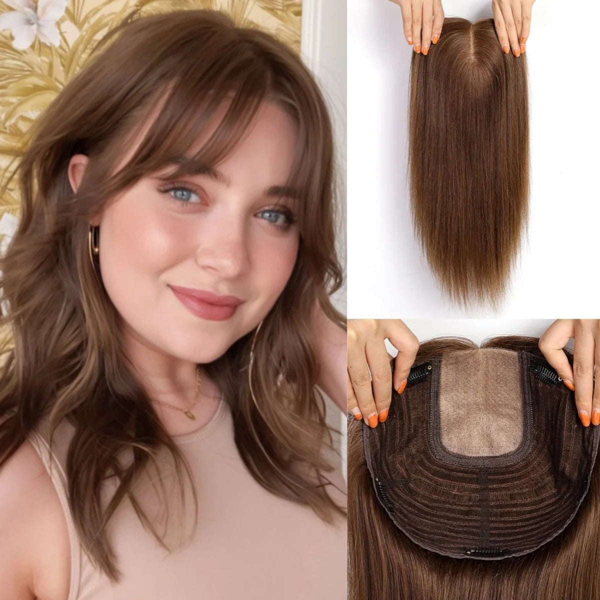 Ombre Light Blonde Human Hair Topper with Bangs – 16” Clip-In Straight Lace Base Topper