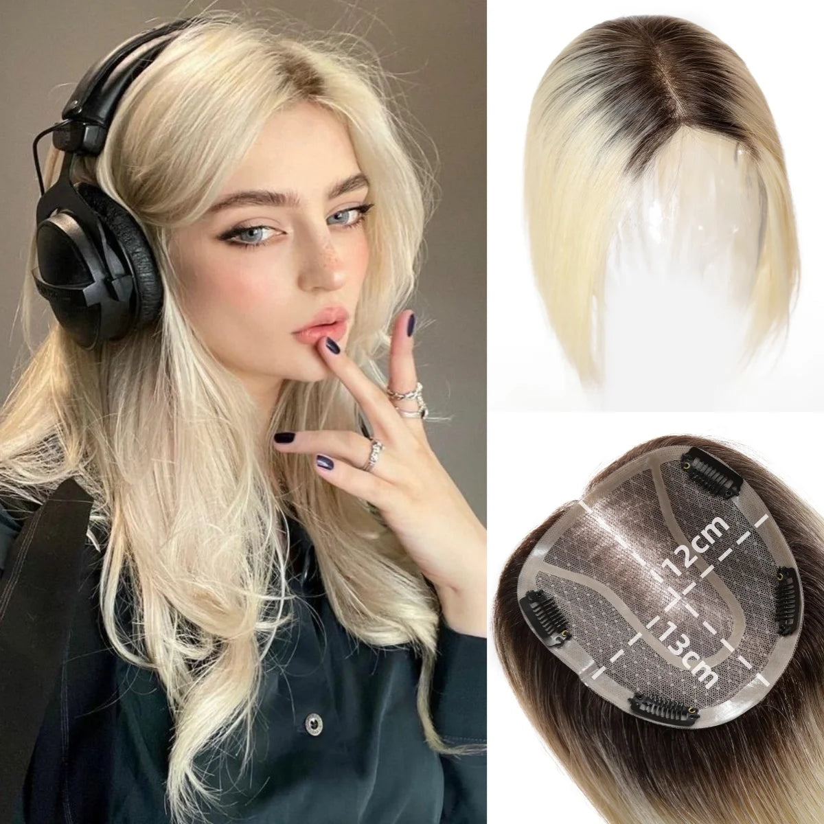 14” Brown Human Hair Topper – Straight Mono Lace Base Clip-In Hairpiece for Women