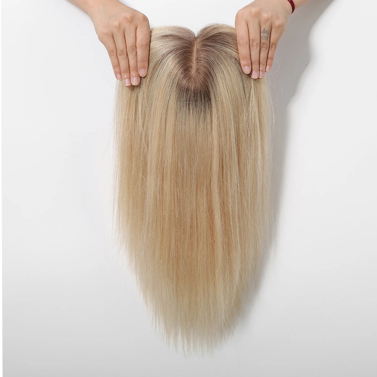 Ombre Light Blonde Human Hair Topper with Bangs – 16” Clip-In Straight Lace Base Topper