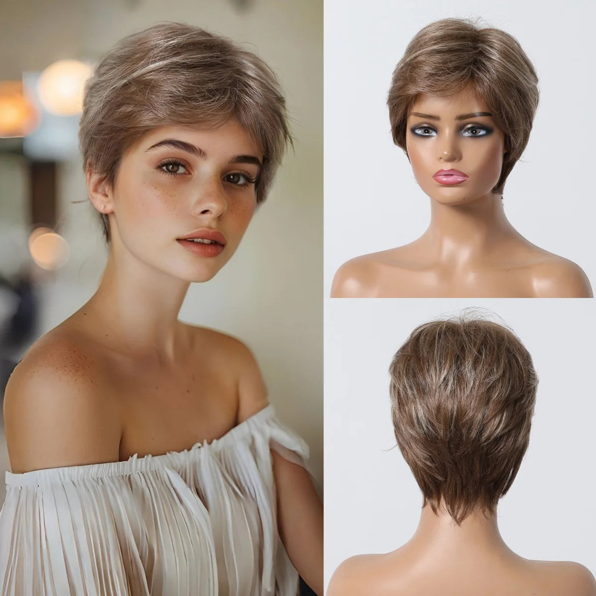 Short Pixie Cut Grey Human Hair Wig – 8” Layered Blend Wig with Bangs for Women
