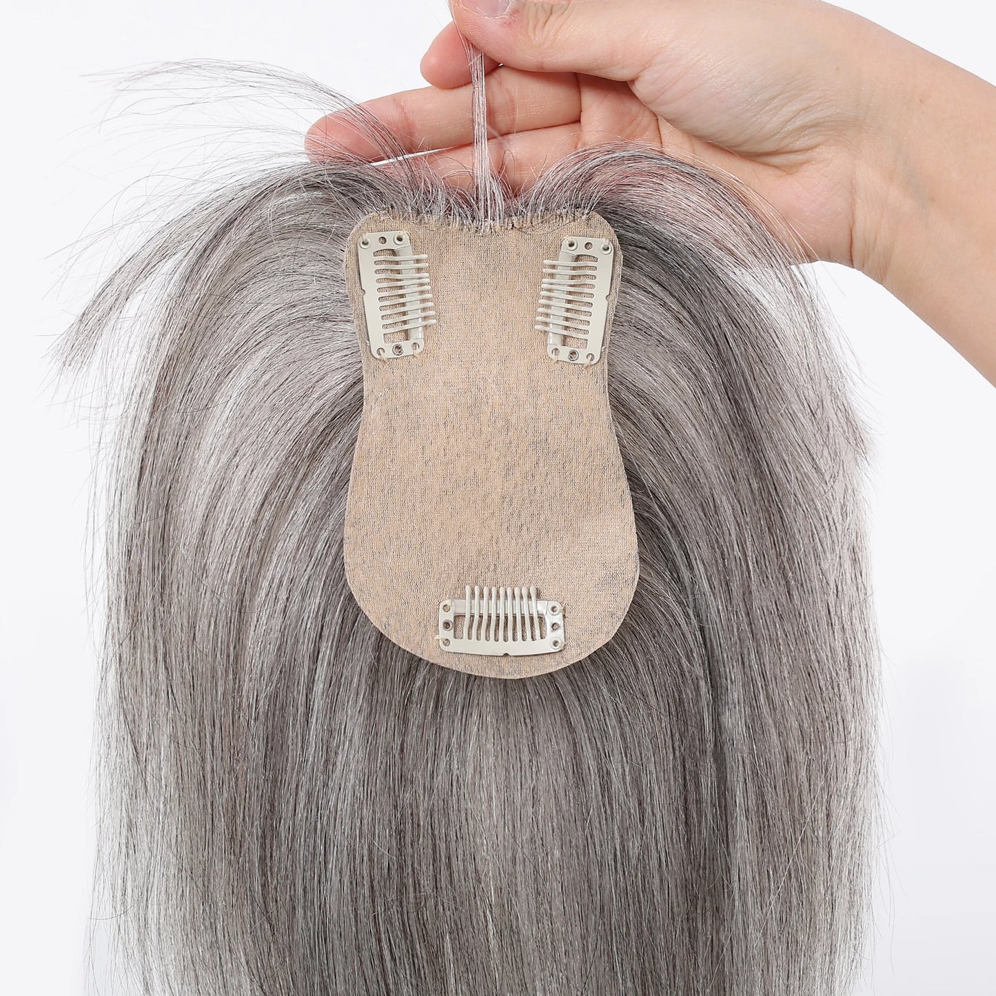 Light Grey Human Hair Topper with Thick Bangs – 360° Clip-In Silk Base Topper for Women