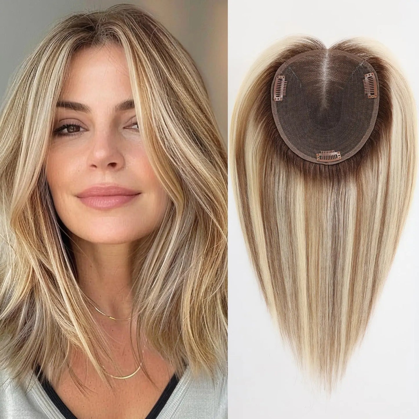 14” Blonde Mixed Brown Human Hair Topper – Swiss Silk Base, No Bangs, 60g Clip-In