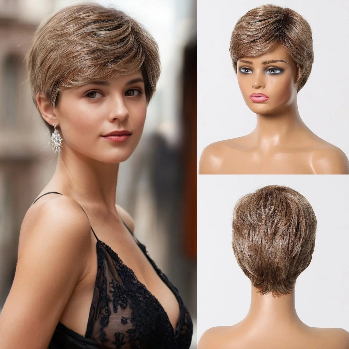 Short Pixie Cut Grey Human Hair Wig – 8” Layered Blend Wig with Bangs for Women