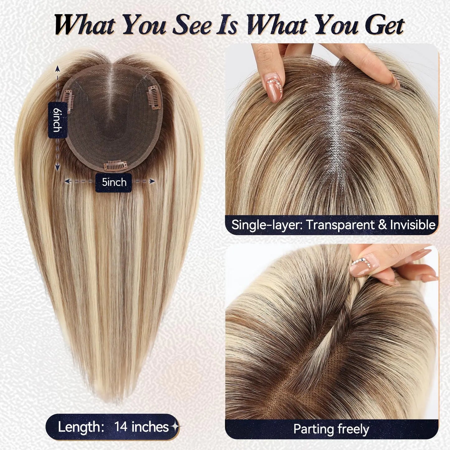 14” Blonde Mixed Brown Human Hair Topper – Swiss Silk Base, No Bangs, 60g Clip-In