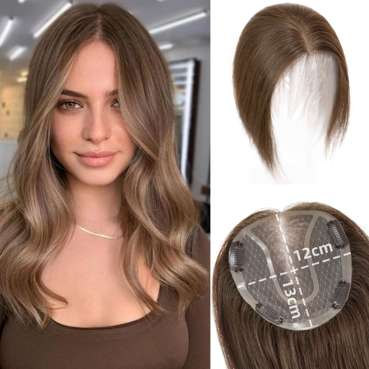 14” Brown Human Hair Topper – Straight Mono Lace Base Clip-In Hairpiece for Women