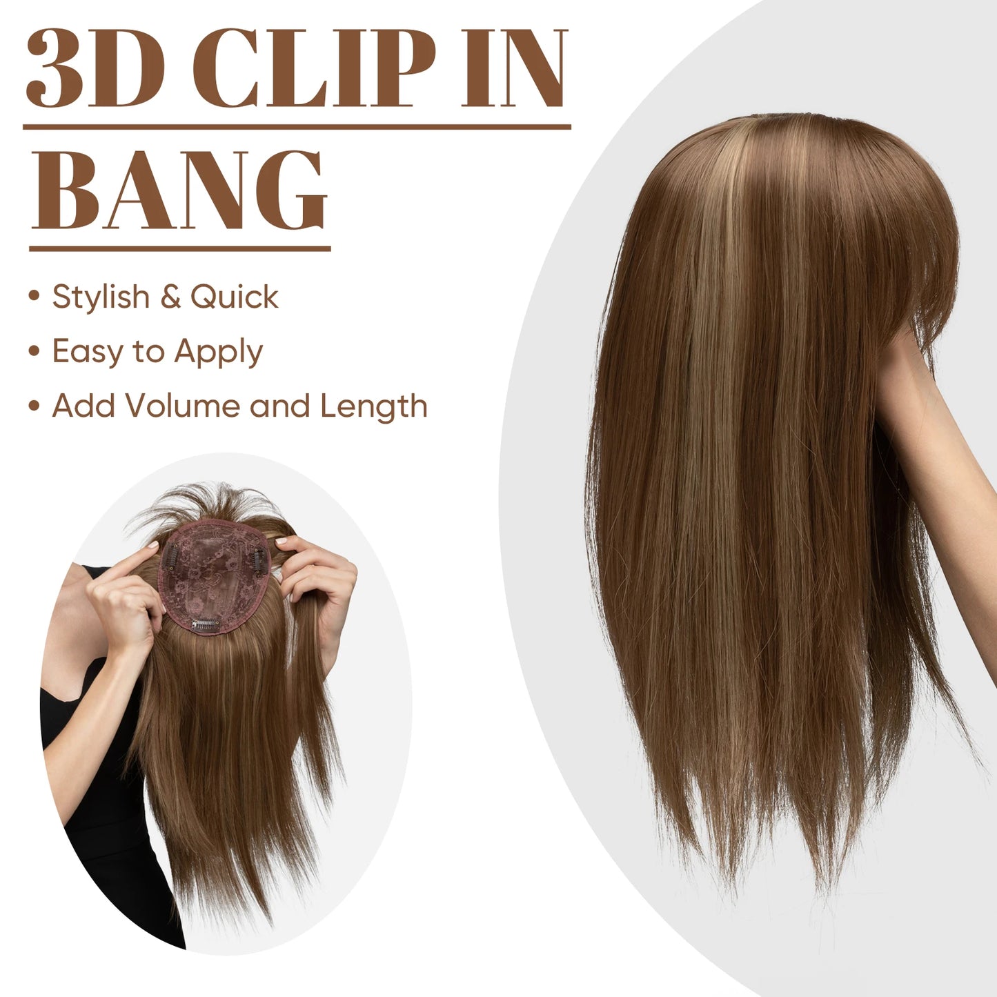 Natural-Look Synthetic Hair Topper with Bangs – Medium-Length Clip-In Wig for Women (Straight, 120% Density)