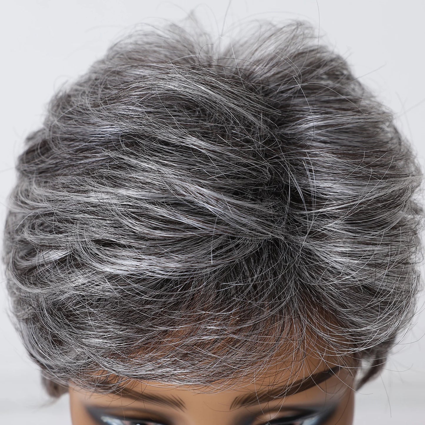 Short Pixie Cut Grey Human Hair Wig – 8” Layered Blend Wig with Bangs for Women
