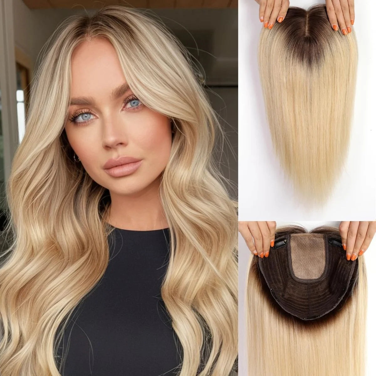 Ombre Light Blonde Human Hair Topper with Bangs – 16” Clip-In Straight Lace Base Topper