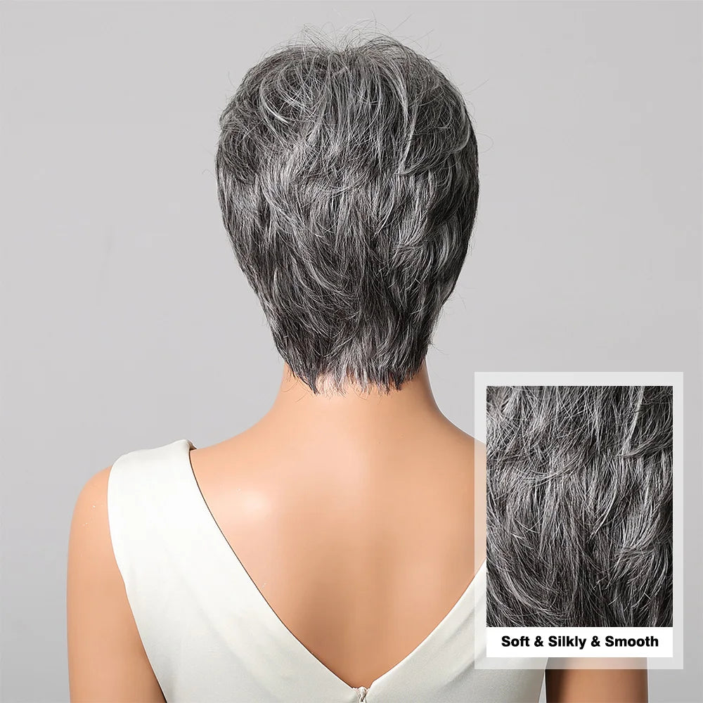Short Pixie Cut Grey Human Hair Wig – 8” Layered Blend Wig with Bangs for Women