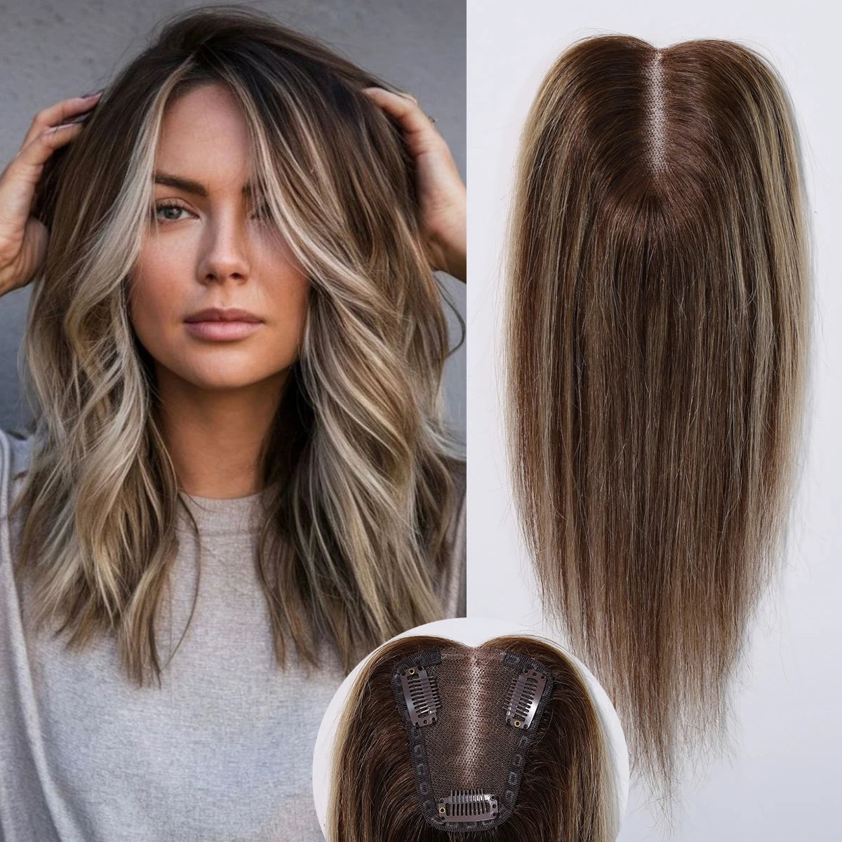Brown Mixed Blonde Human Hair Topper – 12” Straight Lace Base Clip-In Hairpiece