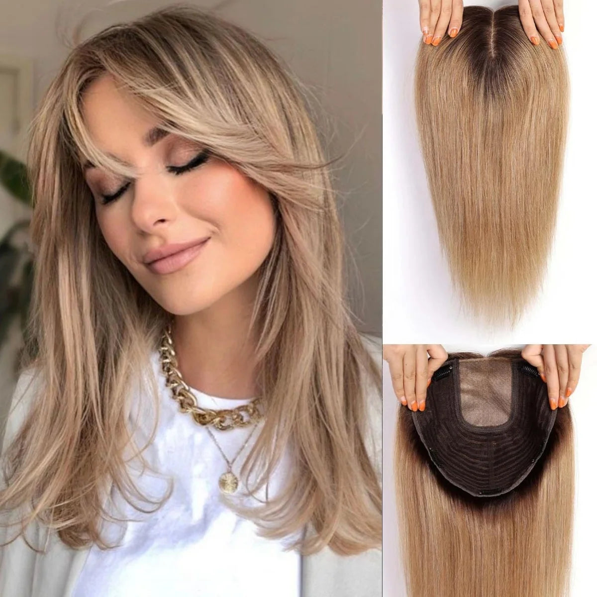 Ombre Light Blonde Human Hair Topper with Bangs – 16” Clip-In Straight Lace Base Topper